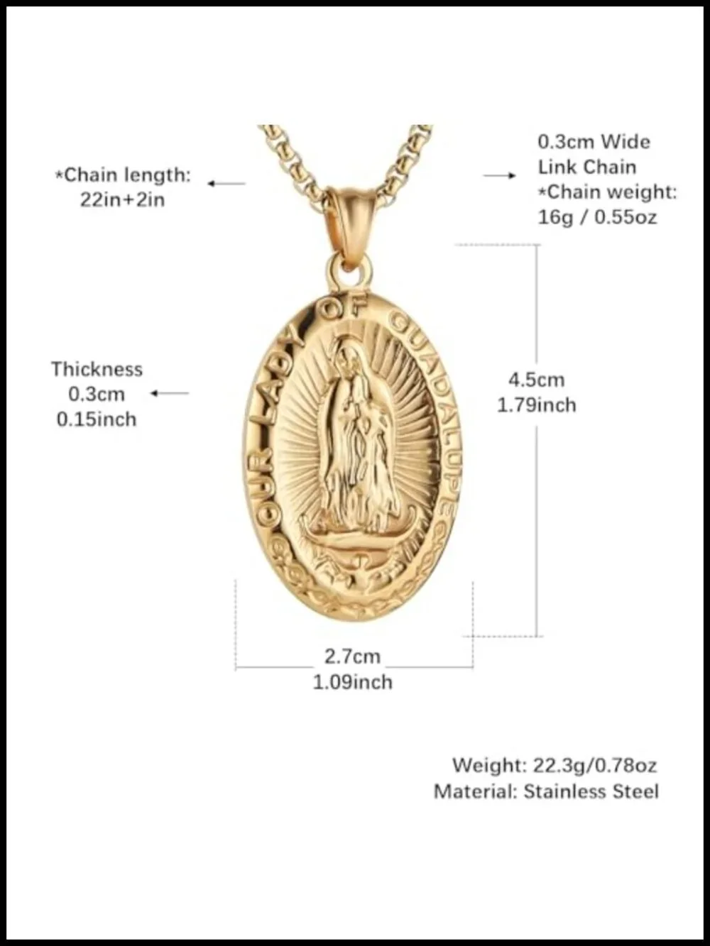 Stainless Steel Blessed Mother Mary Our Lady of Guadalupe Pendant Necklace